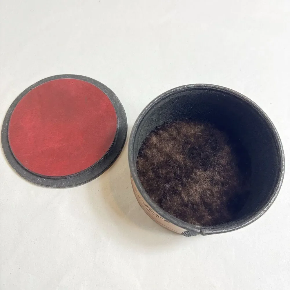 Vintage Leather Lidded Round Box Fur Lined 5 Inch Rare Trinket Jewelry Box